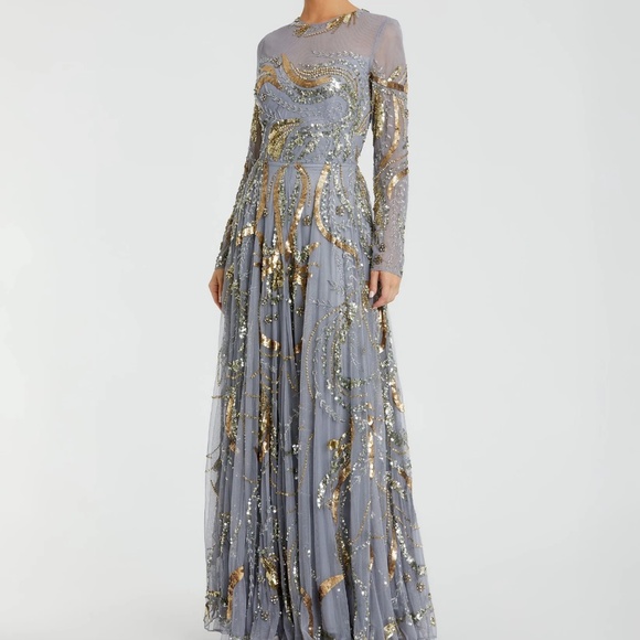 MAC DUGGAL Blue and Gold Long Sleeve Embellished Illusion Evening Gown - Picture 1 of 3